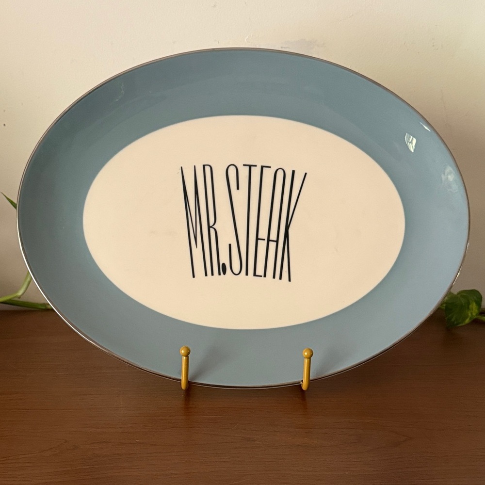 Mr. Steak Blue and White Ceramic Serving Platter by